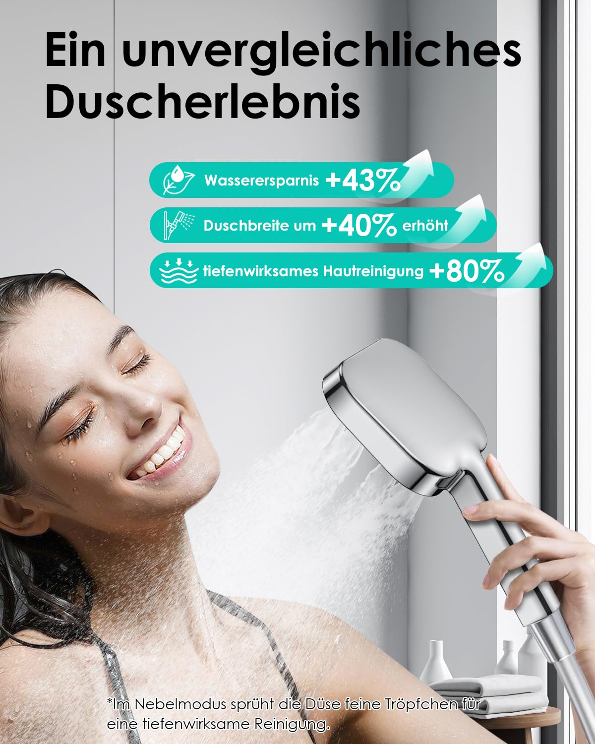 Duschkopf Wassersparend, Duschbrause Groß 135mm, Handbrause mit Antikalk-Funktion 【Lebensmittelechtes Silikon】【43% Wassereinsparung】, AirMix Brausekopf Dusche mit 3 Strahlarten, Chrom (Ohne Schlauch) 7