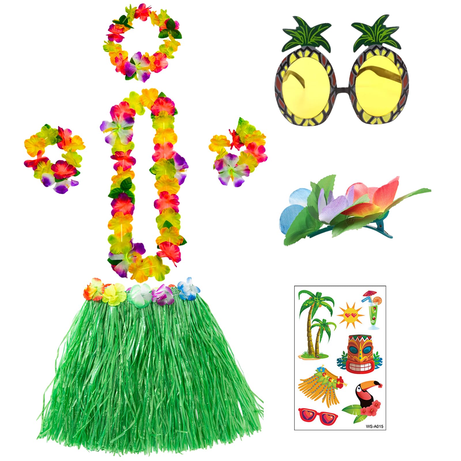 8pcs Hawaiian Hula Skirt Costume Set for Women and Girl, 40cm Hawaiian Grass Skir whit Hawaii Leis, Pineapple Glasses, Hibiscus Hair Clip, Face Mask, Summer Beach Tropical Party Decorations for Adults