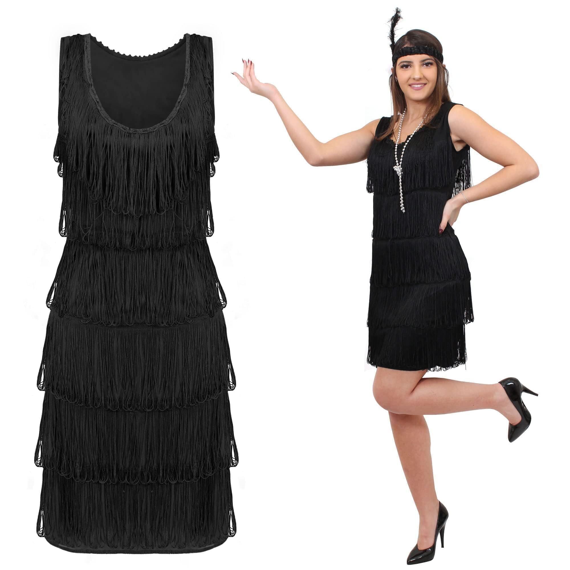 Black Deluxe Flapper Dress - X-Large - Ladies Deluxe Black Flapper Costume with Matching Sequin Headband and Silver Pearl Necklace - 1920's Party Dress
