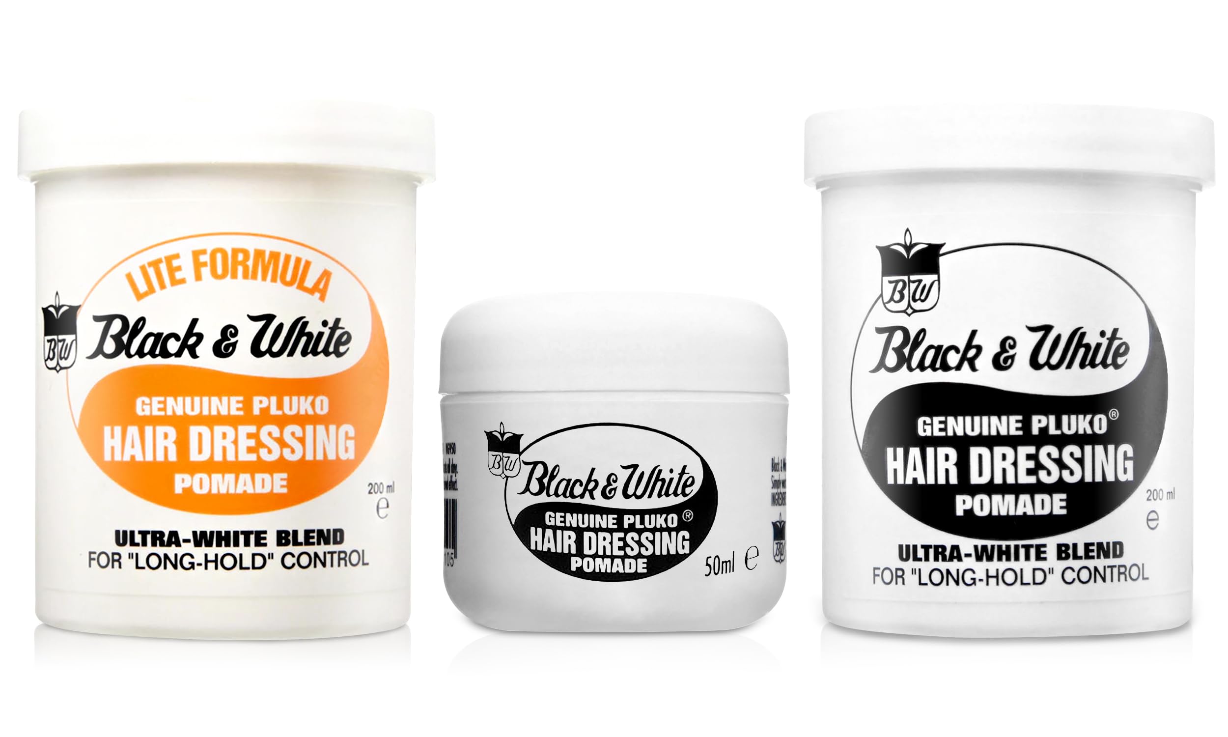 Black and White Genuine Wax Hair Dressing Pomade Bundle | Deluxe Men's Hair Product | 200g Firm Hold High Shine, 200g Lite Flexible Hold, and 50g Travel Size for All Hair Types