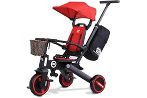Newtronx Trixplorer-7 in 1 Foldable Toddler Tricycle Removable Push Handle, Rotatable Seat, Adjustable Canopy, Safety Harness, Storage, Basket-Tricycle for Toddlers for 1-5 Year Old (Red Heart)