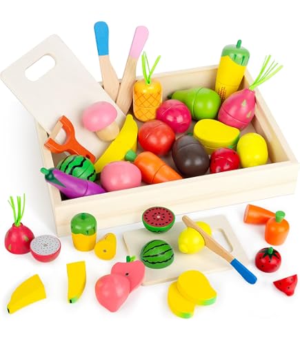 CARLORBO Juguete de madera para niños Cocina - Juega a cortar alimentos de frutas y verduras Set para juegos de rol, juguetes educativos regalo para niños pequeños a partir de 3 años