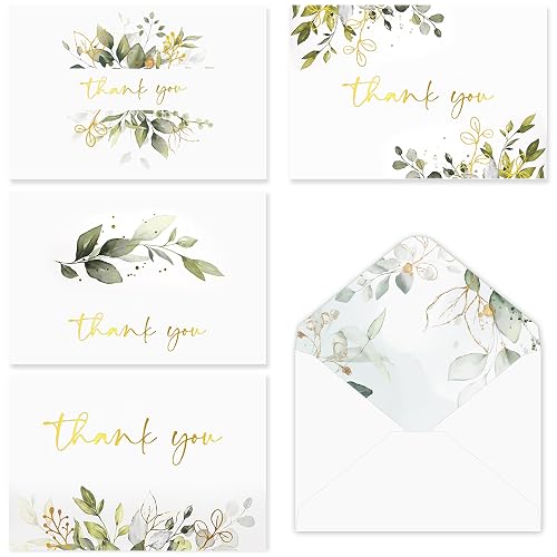 Thank You Card 100 Gold Foil Greenery S With Envelopes - Watercolor ...