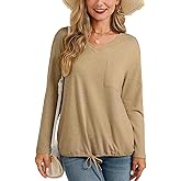 V Neck Long Sleeve T Shirts for Women Basic Drawstring Blouse Tees Elastic Hem Spring Fall Tunic Top 2026 Trendy