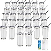 IEOVIEE 32 Pack, 20oz Stainless Steel Bulk Tumblers with Lids and Straws, Double Wall Insulated Travel Coffee Mug, Durable Powder Coated Tumbler Bulk Cup for Cold and Hot Drinks(White)
