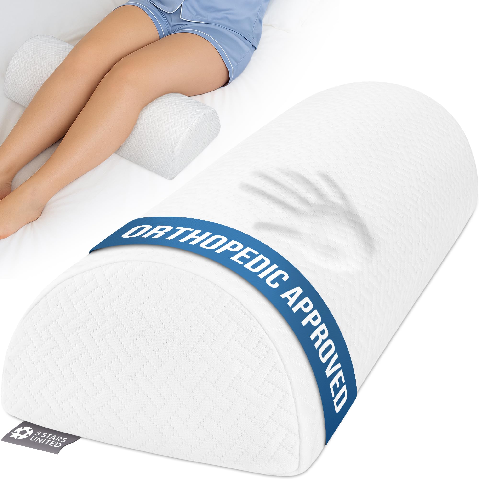 Photo 1 of 5 STARS UNITED Knee Pillow for Back Sleeping – Memory Foam Cushion for Sciatica Pain Relief – Under Leg Support for Sleeping on Back – Large Half Moon Bolster for Bed, White