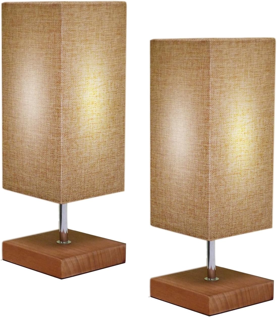 Set of 2 Modern Simple Square Minimalist Design Bedside Nightstand Table Lamp - Stained Solid Wood Base Beautiful Linen Woven Fabric Shade, by: Ella Gancz