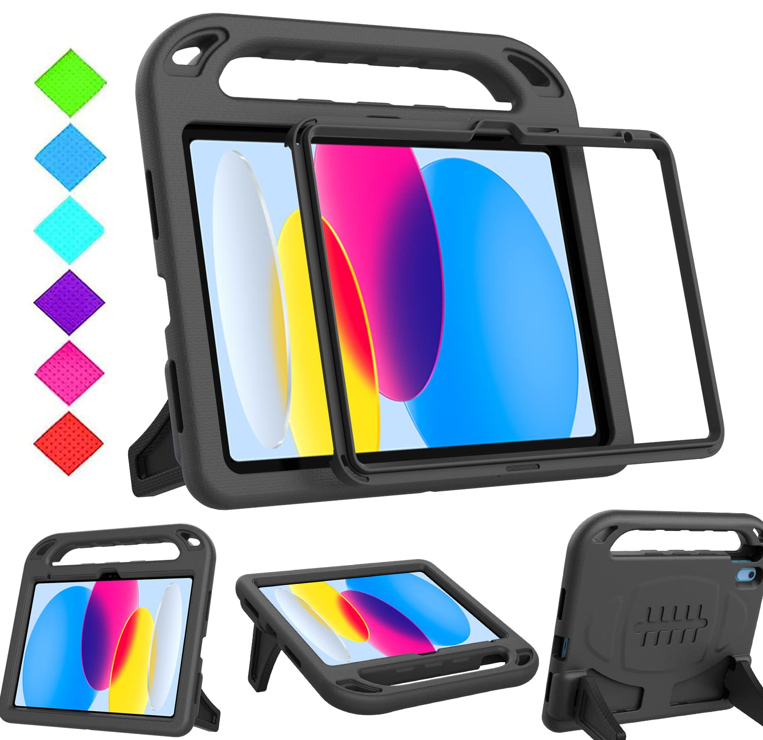 Surom Kids Case for iPad (A16) 11th Generation (11-inch, 2025)/iPad 10th Generation (10.9-inch, 2022), with Built-in Screen Protector, Shockproof Light Weight Handle Stand Case for Kids, Black