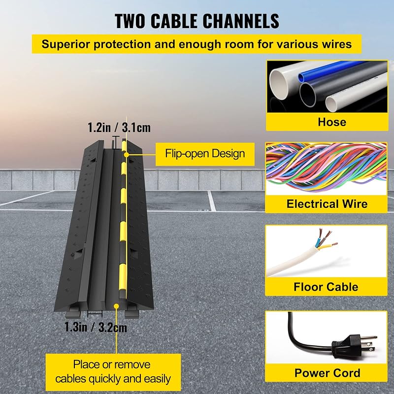 3PCS Rampes Protection Câble 2 Canaux Passage Câbles 98 cm Protecteur PVC Caoutchouc Capacité Charge 4989 kg Canal 3,2x3,1 cm pour Protéger Câbles d'alimentation des Sols Parking 101x24,5x5 cm