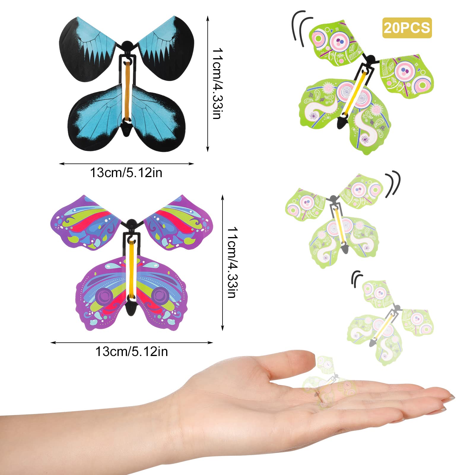Chenkaiyang 20 Pcs Magic Flying Butterfly, Wind Up Butterfly Toy Rubber Band Powered Flying Butterflies Surprise Gift for Explosion Box Envelope Wedding Birthday Party (20 Classic Style)