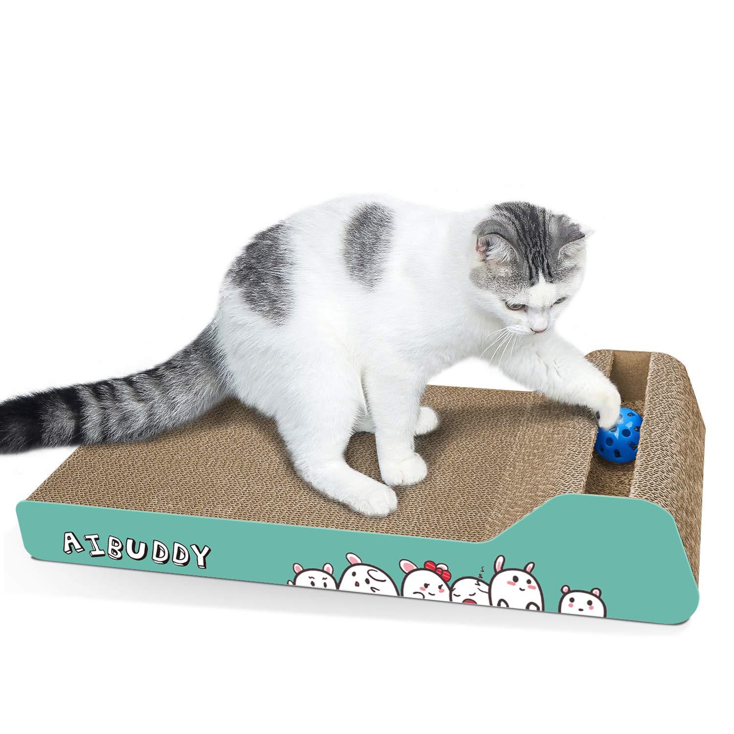 Aibuddy Cat Scratcher, Incline Scratching Pad Reversible Cardboard Lounge Bed with Ball Toy Catnip [ 45x 24 x 8.5 cm, Superior Cardboard & Construction]