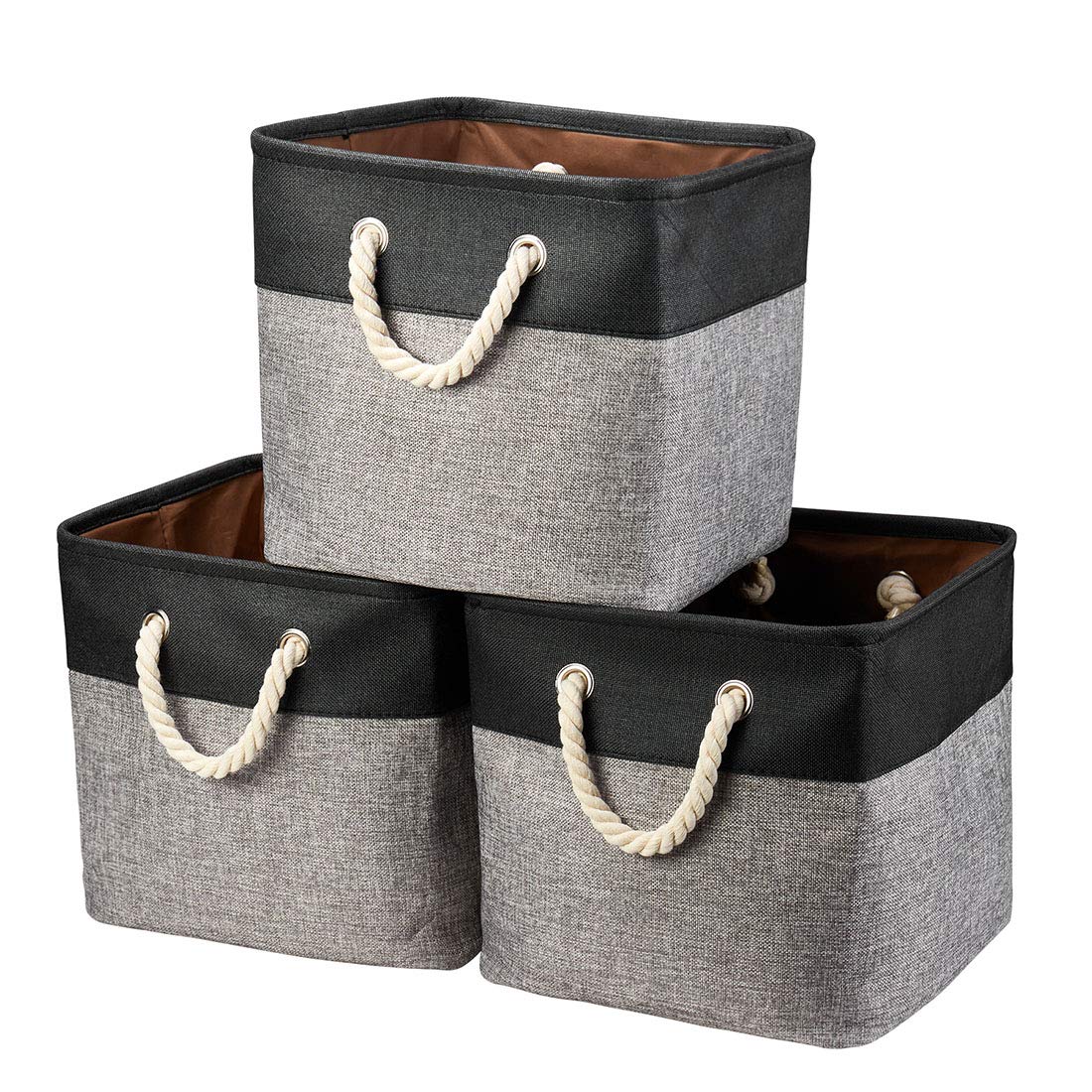 Genrics 3Pack Large Foldable Storage Boxes,Collapsible Sturdy Cationic Fabric Organizing Storage Basket Cube with Cotton Handles for Shelf Clothes Toys (Black/Grey 13"×13"×13" inch)