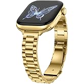 Dolstrap Thin Metal Bands Compatible with Apple Watch Band 49/46(S11/10)/45/44/42mm, Women Dressy Slim Stainless Steel Strap Compatible for iWatch Ultra 3/2/1 SE 3/2/1 Series 11 10 9 8 7 6-1, Gold