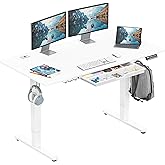 SHW 55 x 28 Electric Height Adjustable Standing Desk w/Drawer, White | w/ Memory Presets and Cable Management | Drawer with adjustable compartments | Hanging Hooks