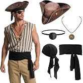 5PCS Pirate Costume Accessories Set for Men, Halloween Pirate Accessories | Pirate Hat, Faux Leather Tricorn Hat, Bandana, Red Sash, Eye Patch, Necklace Medieval Renaissance Accessories