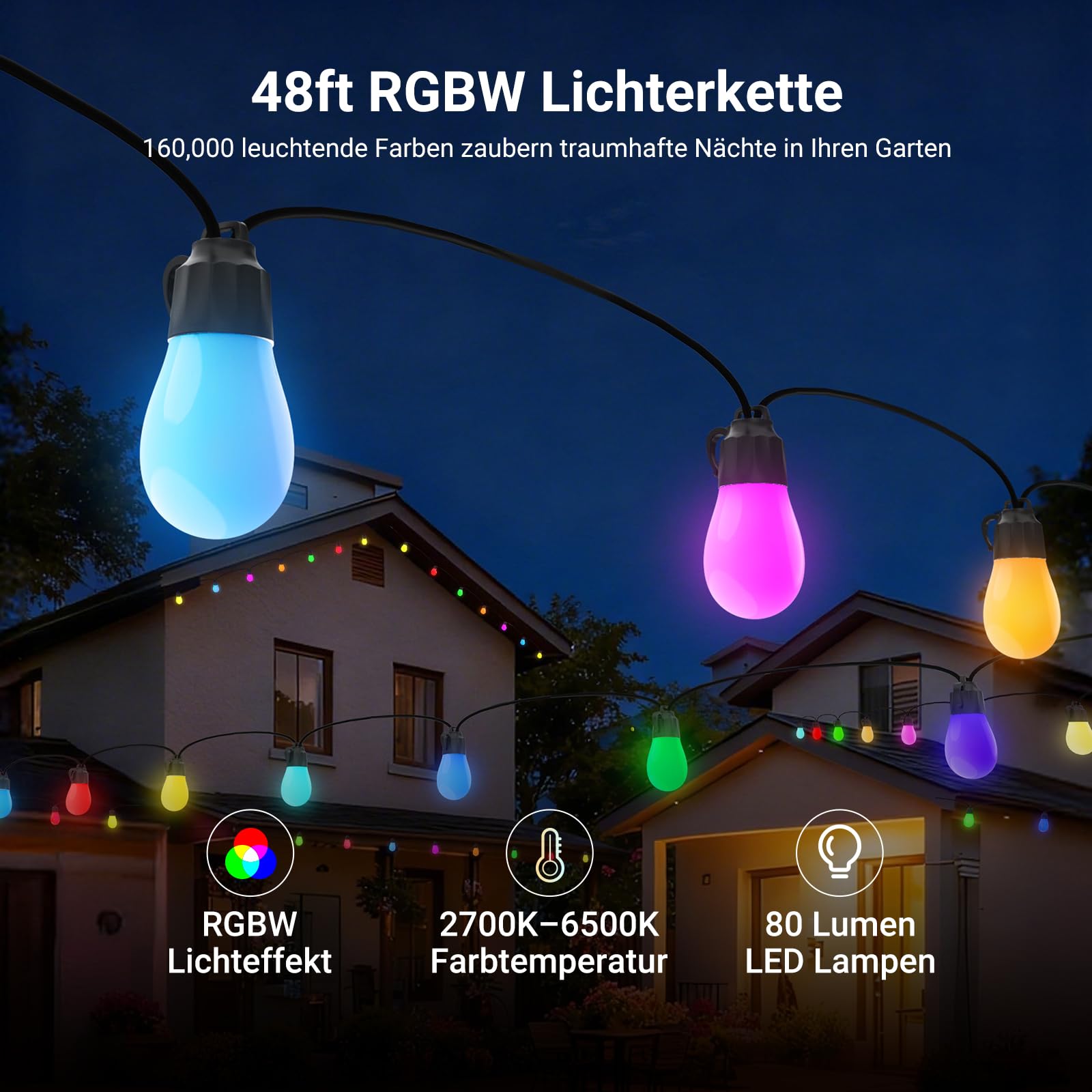 NEEWER 96ft Außen Lichterkette, App Steuerung Smart AI RGBW, dimmbar zum Aufhängen im Außenbereich Balkon, IP65 Wasserdicht, 30 LED Lampen/50+ Szenen/2700–6500K, kompatibel mit Alexa Google, NR01 2
