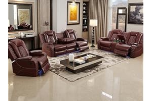 Toseslo Power Recliner Sofa Set, Brown Leather 3 Pieces Sectional Couch, Living Room Furniture Sets with LED Light, Modern Power Reclining Sets with Storage Console/Cup Holder for Living Room