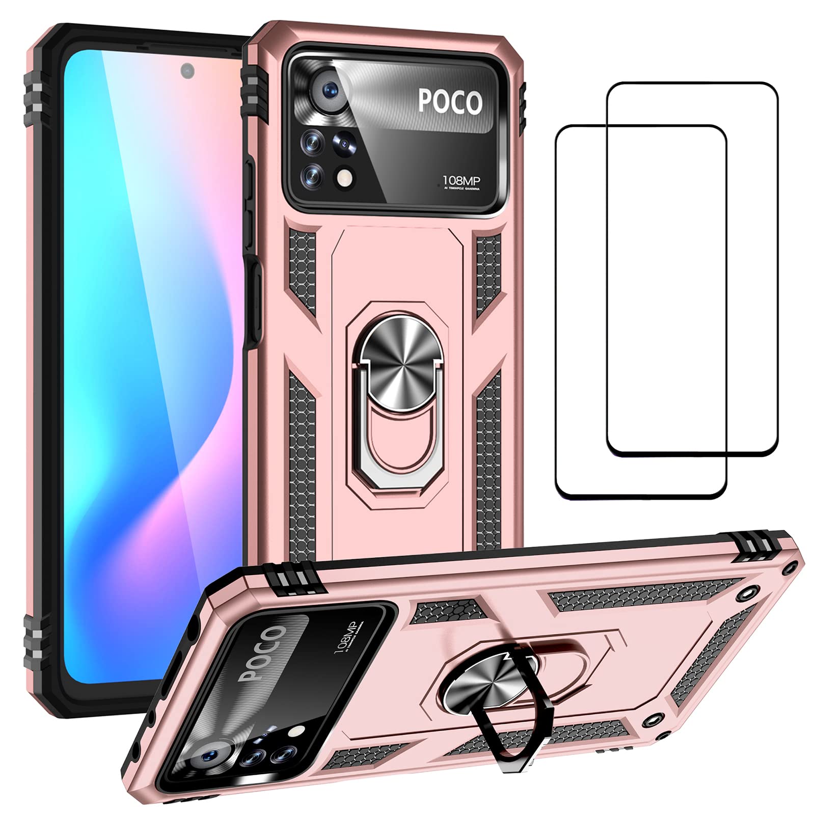 MMlife EasyLifeGo for Xiaomi Poco X4 Pro 5G Kickstand Case with Screen Protector Tempered Glass [2 pieces], Hybrid Heavy Duty Armor Dual Layer Anti-Scratch Case Cover, Rose Gold