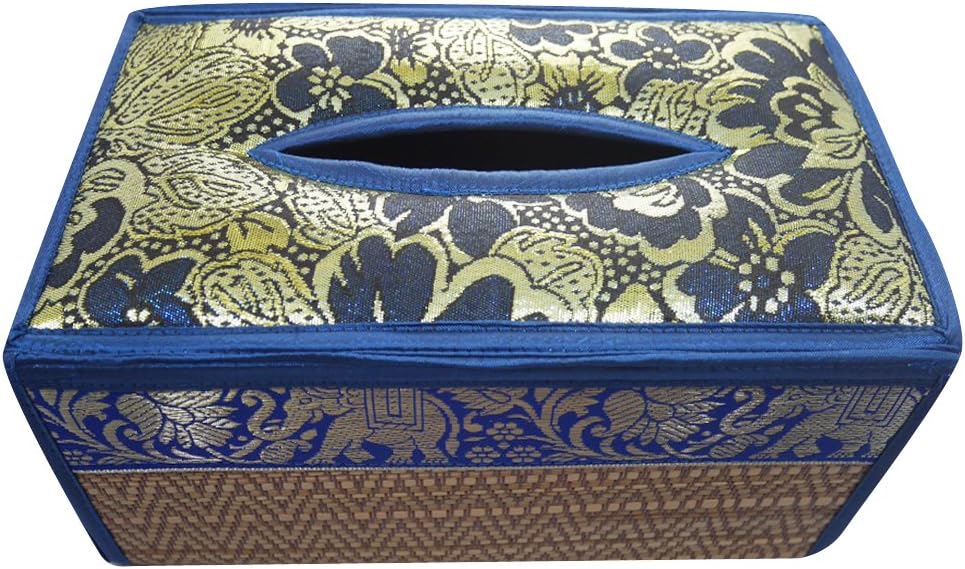 Handmade Tissue Box Holder Fancy Color Reed Rectangular Cover with Silk Design Flower
