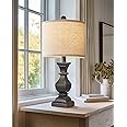 PoKat 20.5'' Bedside Table Lamp for Bedroom Nightstand - Farmhouse Lamp for Living Room, Black Night Stand Light Lamp with Round Linen Shade, Vintage Bedroom Lamp, Suitable for Small Place