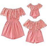 AWIBMK Mommy and Me Jumpsuit Shorts Overall Off Shoulder Mother Daughter Family Matching Romper Outfits Summer Clothes