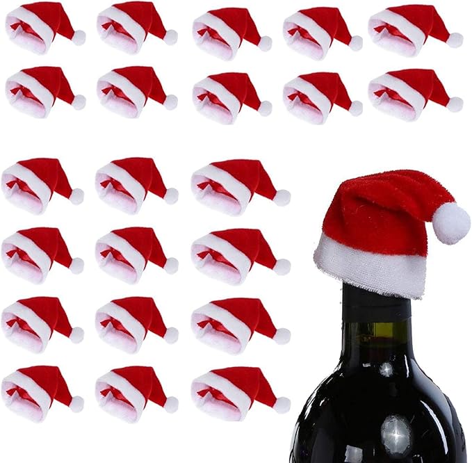 RENYIH 24pcs Mini Santa Hat Wine Bottles Cover Silverware