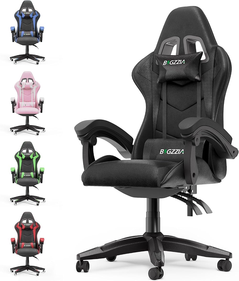 bigzzia Ergonomic Gaming Chair with Lumbar Cushion and Headrest Black