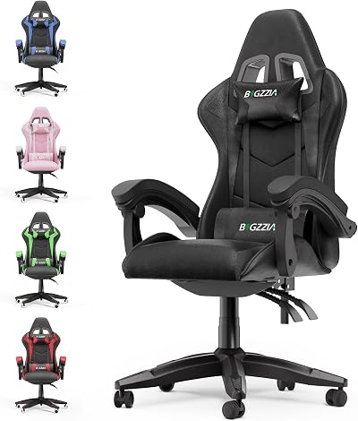 bigzzia Ergonomic Gaming Chair with Lumbar Cushion and Headrest Black