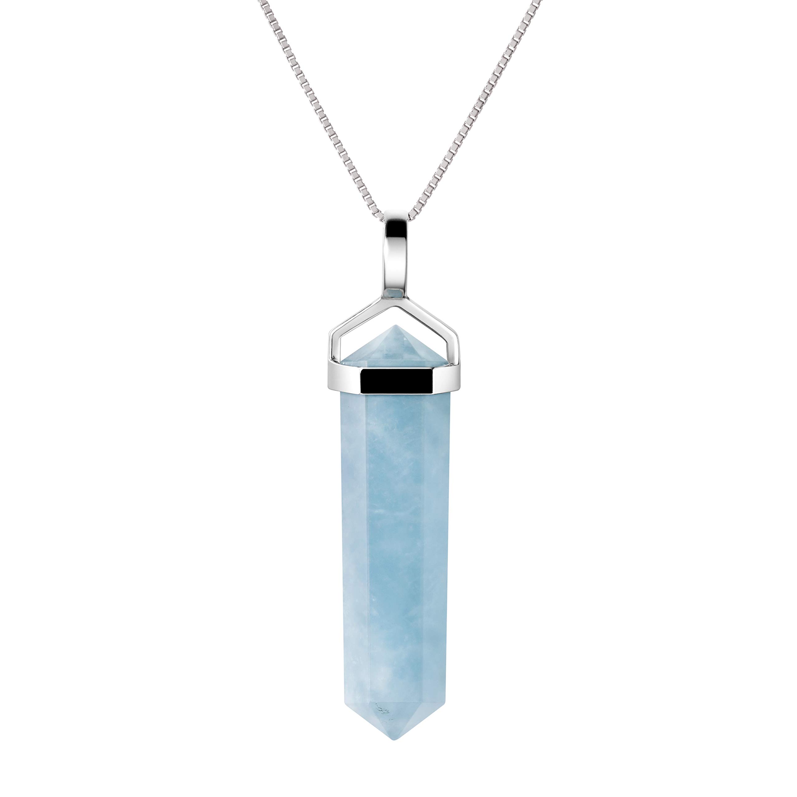 Franki Baker Natural Aquamarine Gemstone Double Point Pendant Necklace on 925 Sterling Silver Box Chain. Chain Length: 50cm
