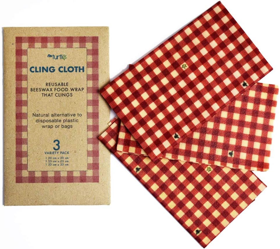 Nth Turtle Cling Cloth Beeswax Food Wrap - Red Gingham Variety Pack - All Natural Reusable Food Wrap Made In the UK - 3 wraps - small, medium and large