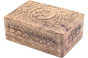 DharmaObjects Celestial Moon and Stars Hand Carved Wooden Storage Keepsake Box (Medium, Moon & Stars)