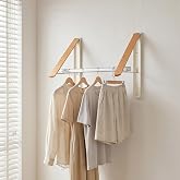 LEQ Clothes Drying Rack Wall Mounted, Foldable Laundry Drying Rack with Wood-Tone Aluminum Frame, Rustproof Retractable Clothes Hanger for Small Laundry Room, Bathroom, Balcony,(White, 2 Racks + Rod)