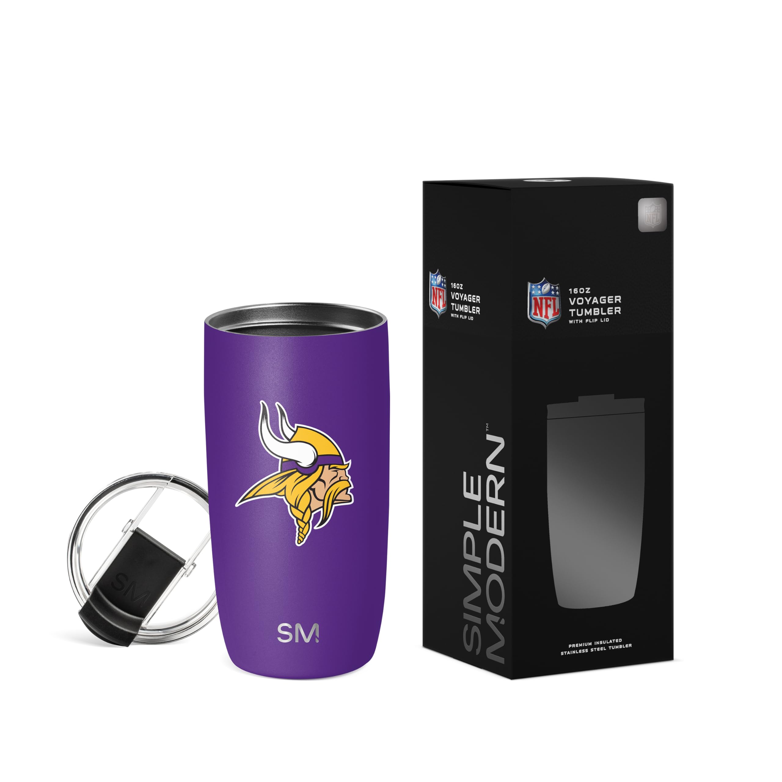 Simple Modern Officially Licensed NFL Minnesota Vikings 16oz Travel Coffee Tumbler with Flip Lid | Stainless Steel Cup | Football Gifts for Men, Women | Voyager Collection | Minnesota Vikings Image