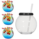 TIPSY UMBRELLA Clear Plastic Fish Bowls For Drinks With Lids and Straws - Fish Bowl Drink Cups (4pack) 20oz