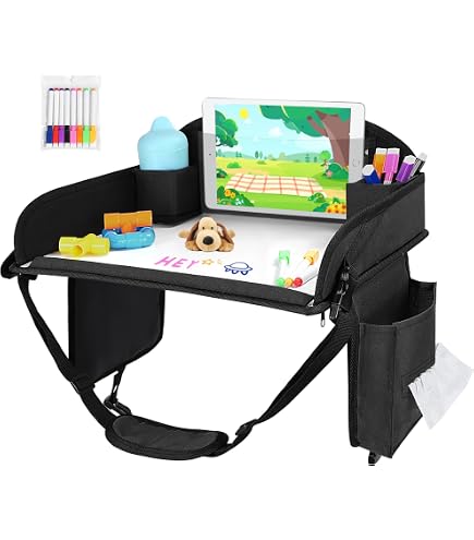 Kids Travel Tray For Car & Plane - Foldable Lap Desk Organizer With Pockets & Adjustable Straps For Long Trips