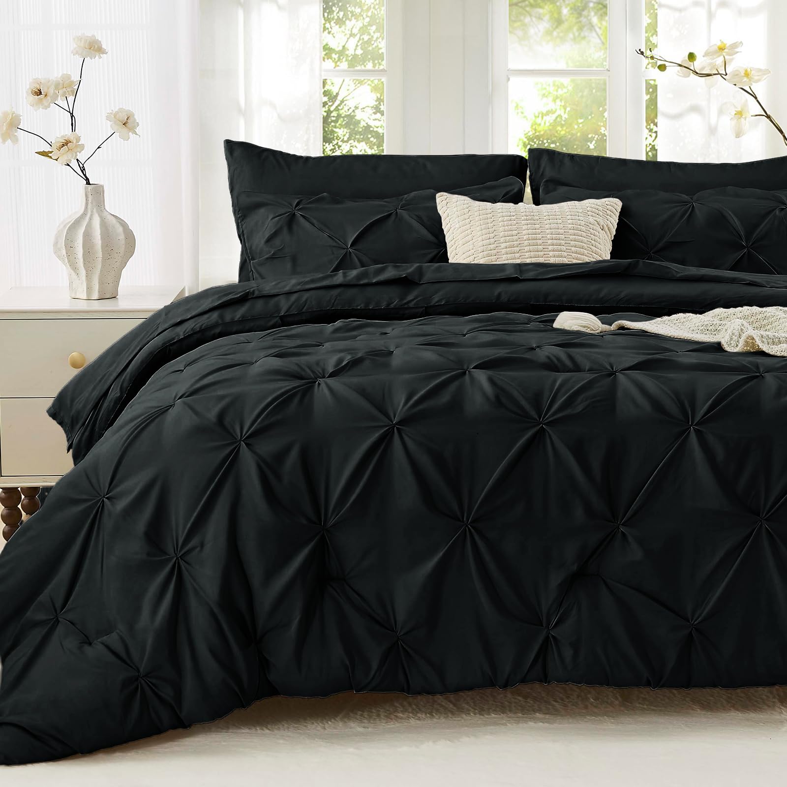 Sasttie Twin Comforter Set, 5-Piece Bed in a Bag, Pintuck Bedding Sets for All Season, Includes Comforter, Flat Sheet, Fitted Sheet, Pillowcase and Pillowsham, Black Image