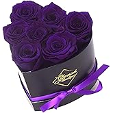 GLAMOUR BOUTIQUE 7 Flower Forever Heart Shape Box, Eternal Preserved Roses Gift for Her, Lasting Flowers, Petite Floral Heart Box for Birthday, Anniversary or Valentine’s Day, Purple (Color-Treated)