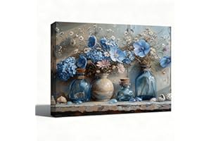 Floral Still Life Canvas Wall Art, Blue Vase Flowers Oil Painting with Rustic Texture, Elegant Botanical Canvas Wall Decor fo