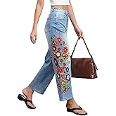 EZAPINE Straight Leg Cropped Jeans for Women Trendy Mid Rise Floral Print Boho Casual Denim Ankle Pants