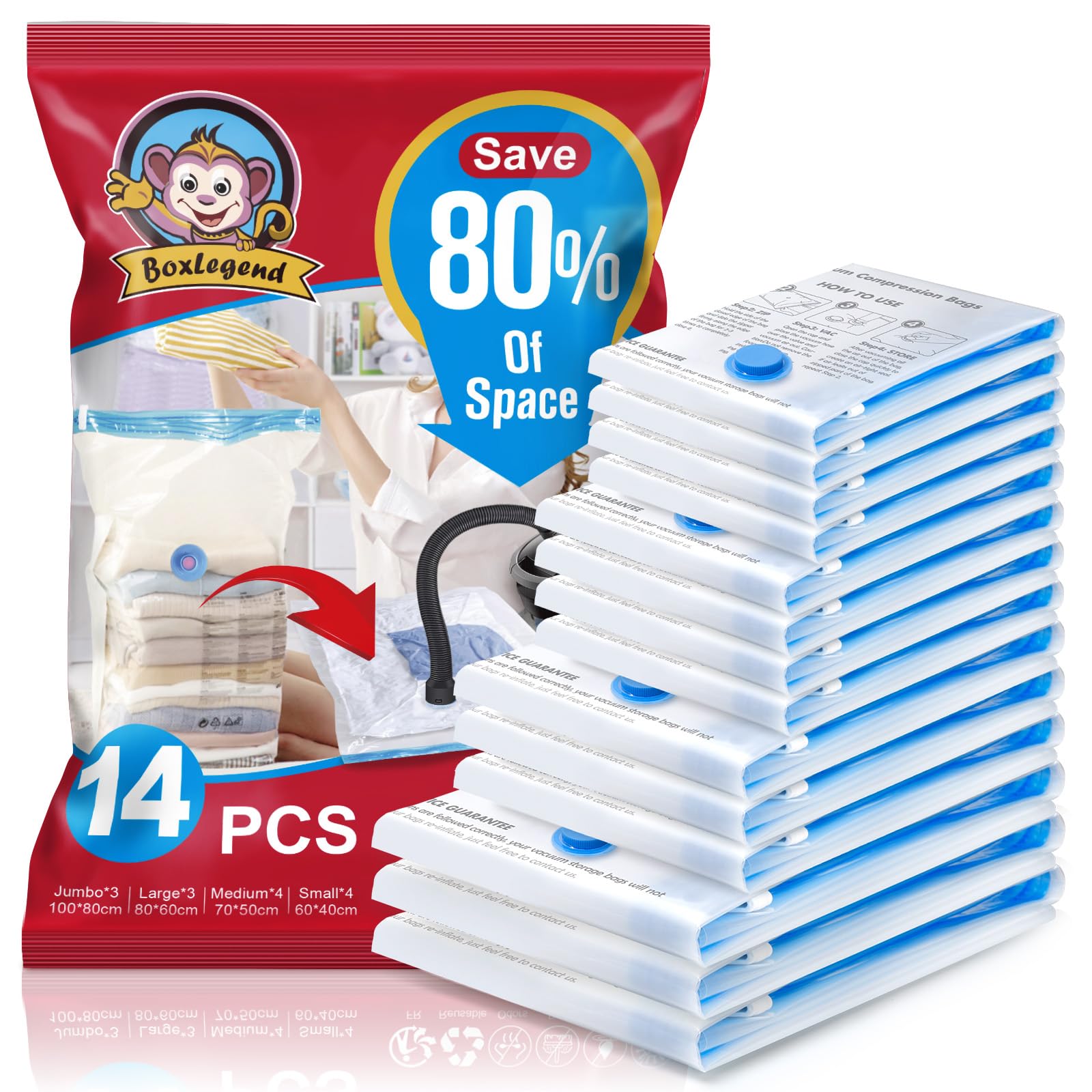 BoxLegend Vacuum Storage Bags 14 Combo - 3*Jumbo + 3*Large + 4*Medium + 4*Small Double Zip Seal Reusable Storage Bags for Duvets, Bedding, Pillows, Clothes, Quilts, Sweater, Comforters, Suitcases