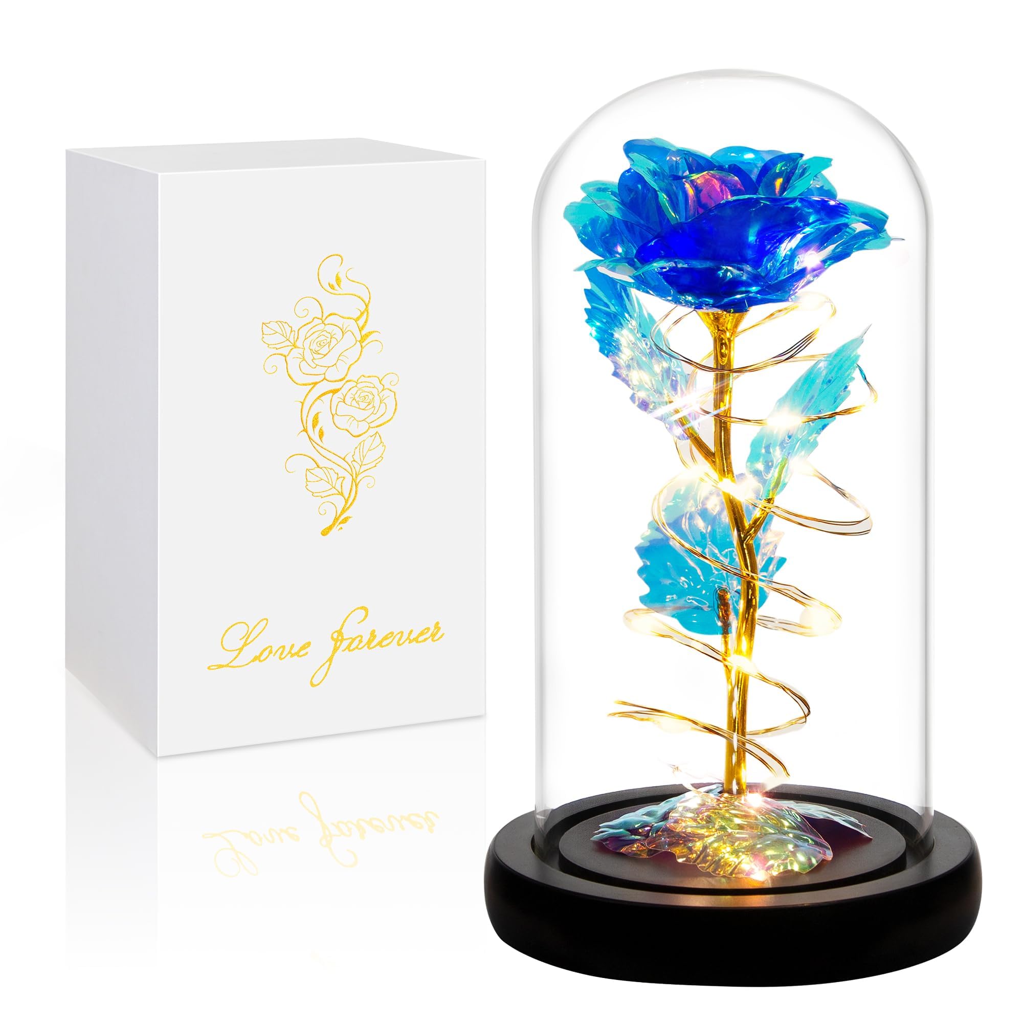 Childom Valentines Gifts for Her,Birthday Gifts for Women,Mothers Day Rose Gifts For Mum,Colorful Blue Flowers Light Up Rose In Glass Dome,Women Gifts for Anniversary,Teacher,Wedding,Engagement
