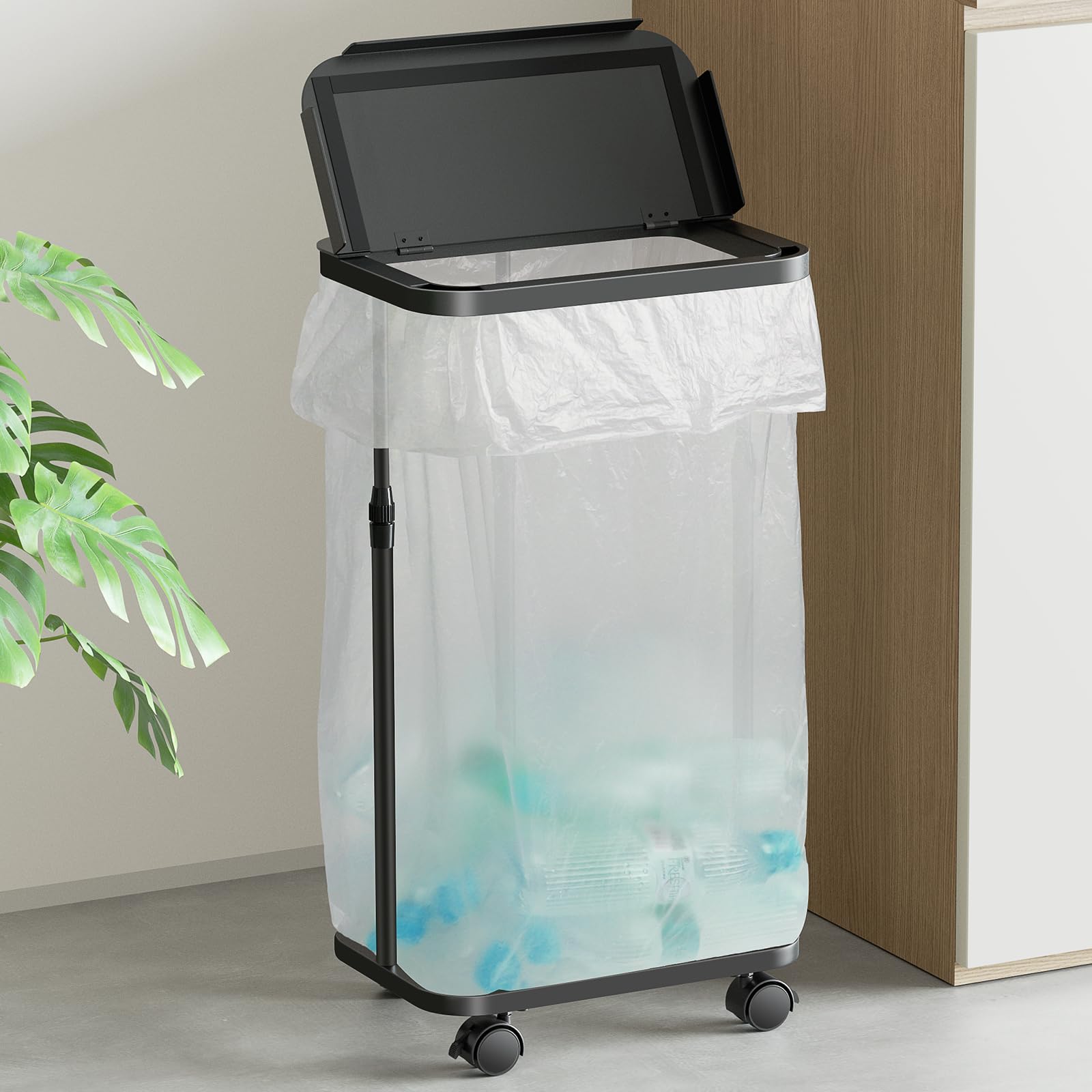 TTWO 横開きゴミ袋ホルダー ふた付き 高さ調整可20L～90L対応 ゴミ袋スタンド 分別ごみ箱 ポリ袋着脱簡単 ニオイ漏れ防止 ゴミ袋取り出しやすい キャスター・アジャスター両方付き 省スペース おしゃれ 清潔 リビング 洗面所 トイレ キッチン 塵袋ホルダー 分別ダストワゴン の商品画像