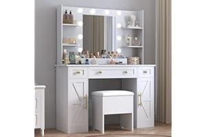 BORNOON Vanity Desk with Mirror & Lights, Makeup Vanity Table with Charging Station, 3 Lighting Modes, Large Storage Space with Drawers and Shelves, Elegant White Vanity Set for Bedroom Dressing Room