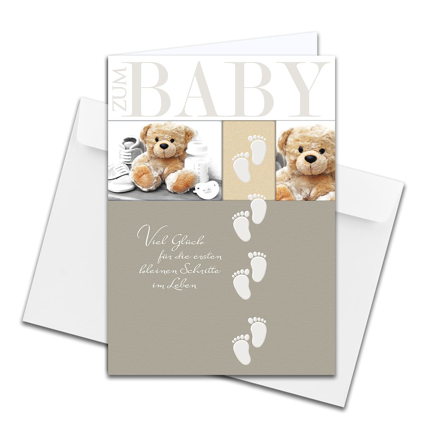 1 piece - XXL baby congratulations card for birth DIN A4 - large baby card - set with large envelope DIN C4 - teddy bear with footprints - unisex, for boys and girls