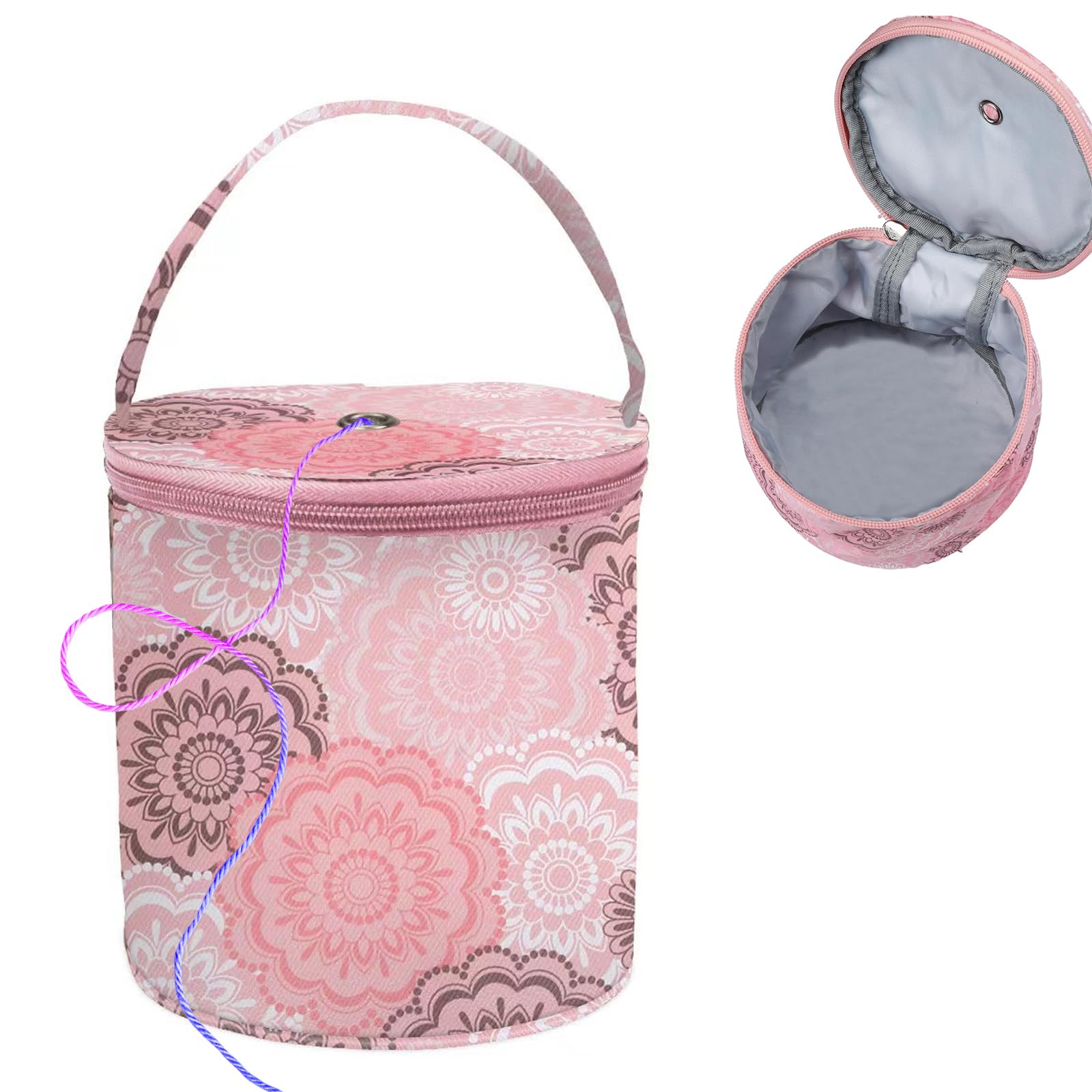 SwirlColor Knitting Bag, Small Size Printed Yarn Storage Portable Bag with Zipper Crochet Bag Organizer for Yarns Wool Needles, with A Ruler (Pink)