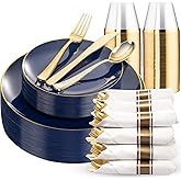 KIRE 175Pcs Blue Plastic Plates - Navy Blue Plates Disposable - 25 for Dinner 25 for Dessert 25 Pre Rolled Napkins with Gold Plastic Silverware and 25 Cups for Birthday Party/Wedding