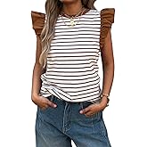 Mieazom Women's Ruffle Cap Short Sleeve Striped T Shirts Summer Casual Loose Fit Top Basic Tee Tunic Tops
