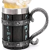 Dicunoy Wooden Viking Beer Mug, 17 OZ Stainless Steel Barrel Tankard Beer Cup with Handle, Father's Day Gift Bucket Mug Norse Mythology Gift for Men, Him, Husband, Viking Enthusiasts