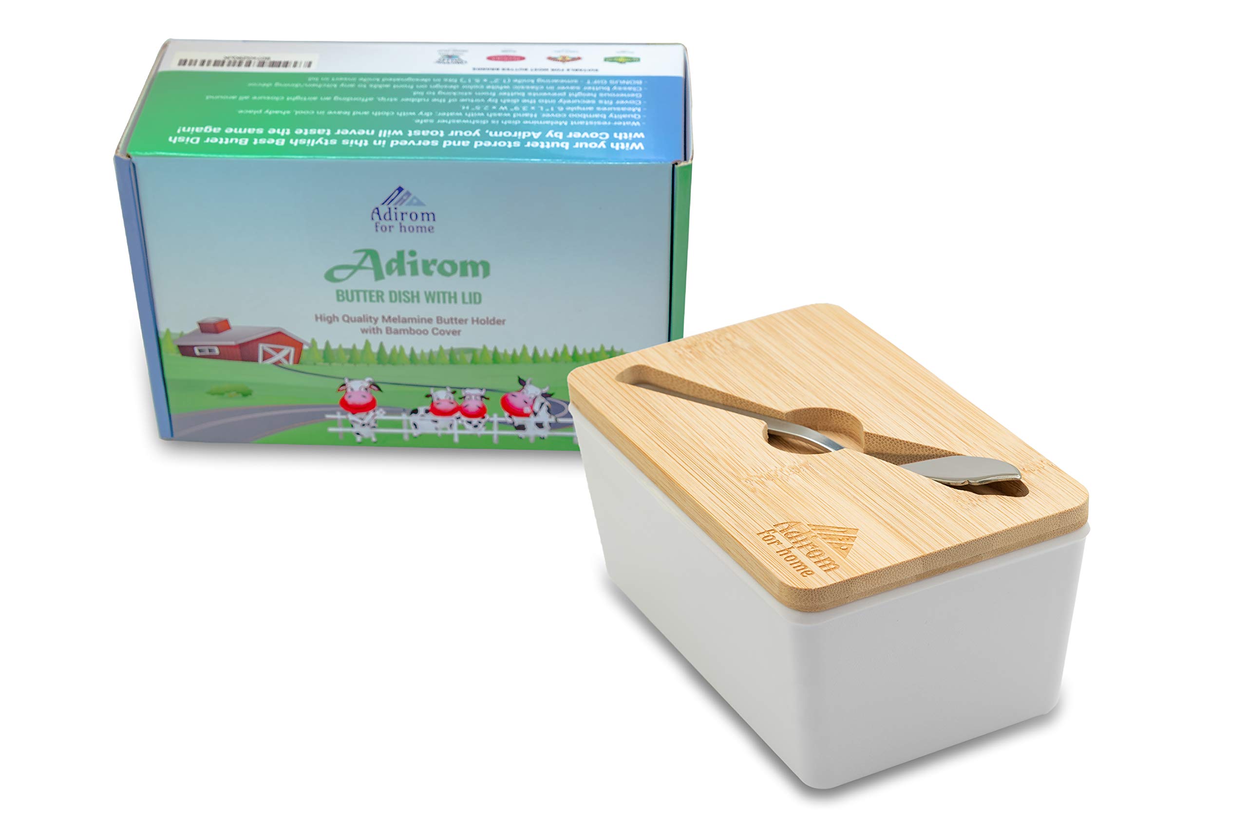 Adirom Butter Dish, Butter Dish with Lid - Elegant Melamine Butter crock with Bamboo Cover Keeps Your Butter Fresh, Clean and Flavorful,BONUS- smearing knife - Get Your Best Butter Holder now !