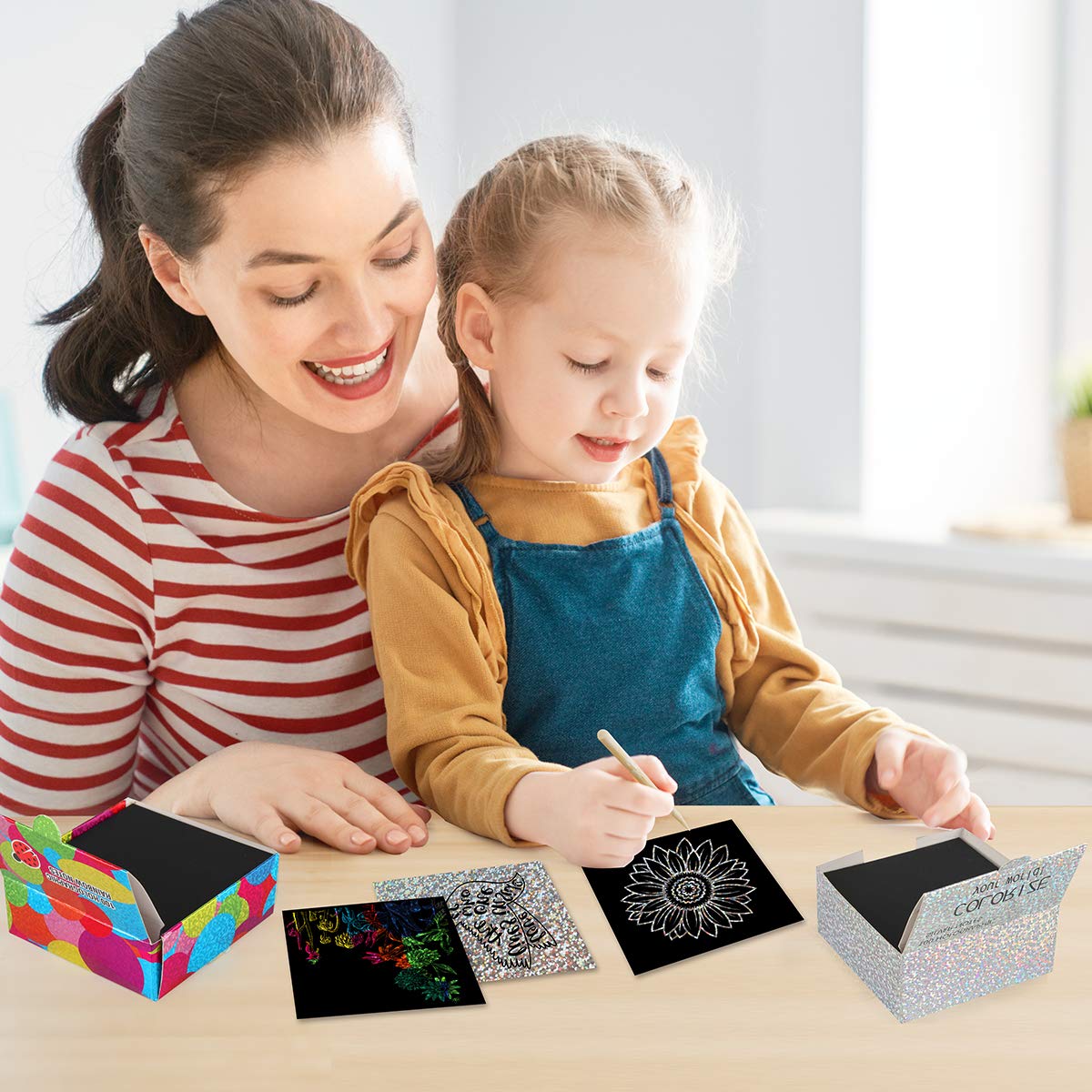 Mocoosy 400 Sheets Holographic Scratch Art Mini Notes for Kids, Glitter Rainbow Scratch Off Paper Arts Crafts Magic Scratch Note Cards Party Favor Supplies Goody Bag Stuffers Gift Box for Girls Boys